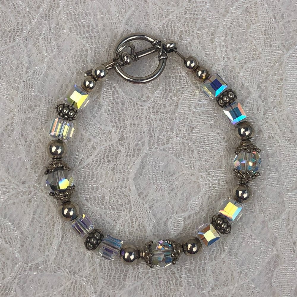 Boutique Vintage Sterling Silver Bead & Clear Crystal Accent Toggle Bracelet